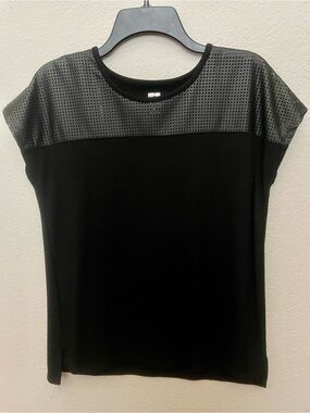 Women's Black Short Sleeve Top with Perforated Yoke